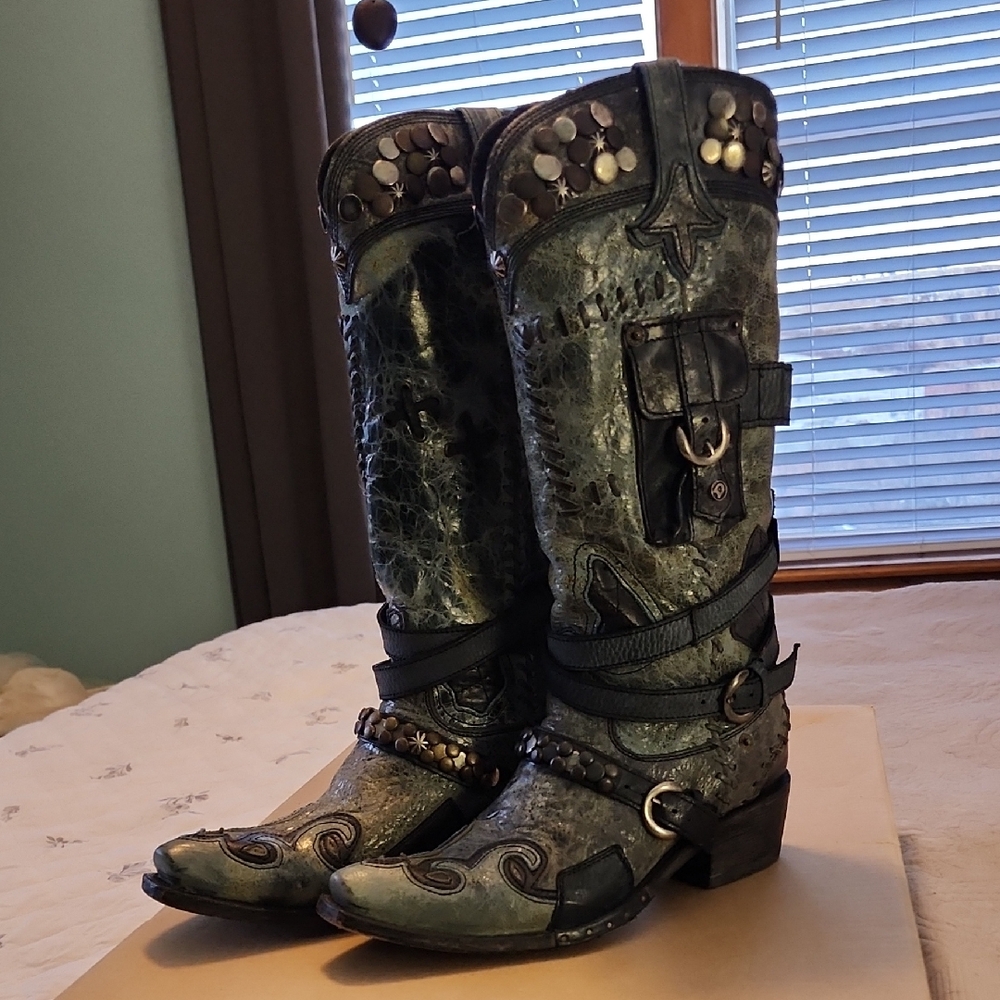 Double D by Lane Blue Frontier Trapper Studded Leather Cowboy Boots